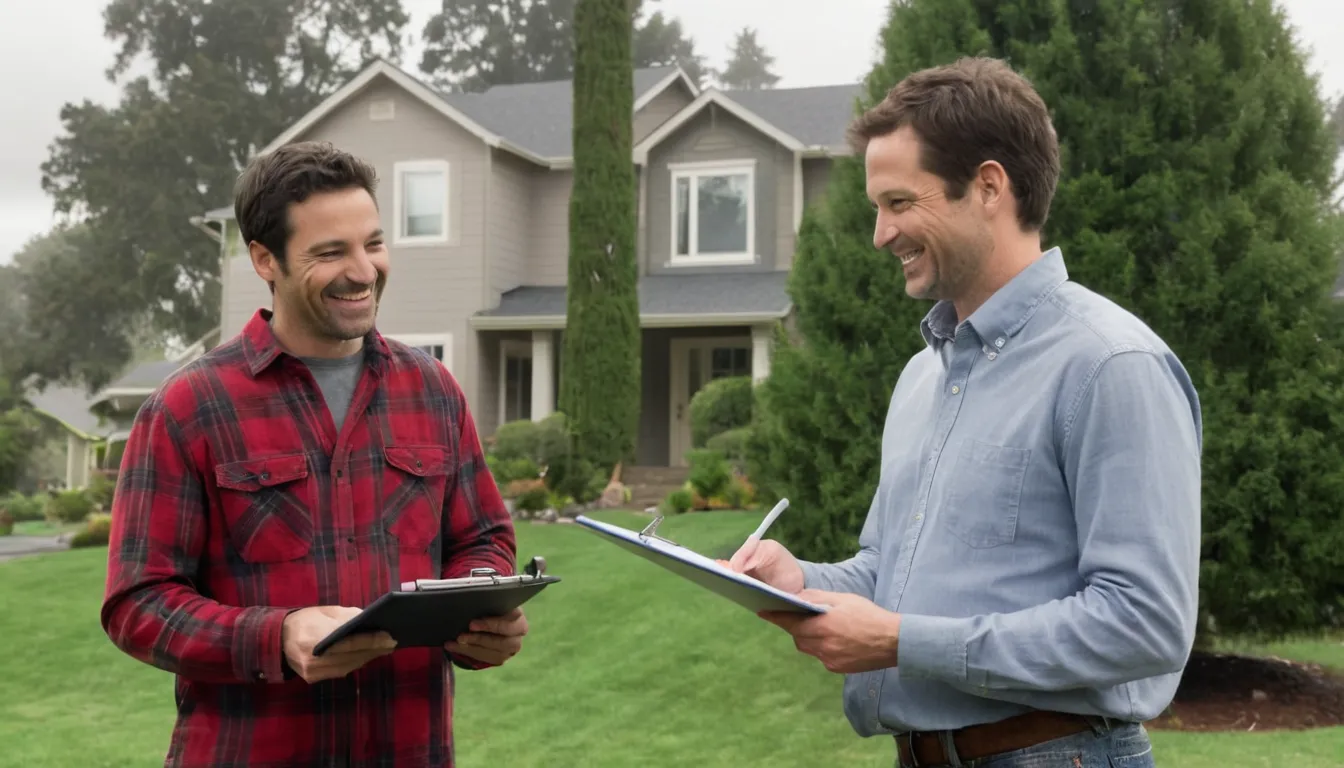 A homeowner reviewing a written tree removal quote with a provider in the New Haven area